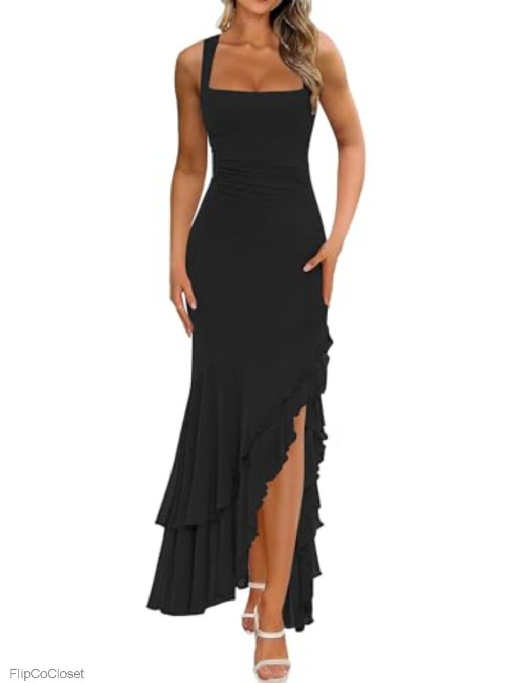 Elegant Ruched Maxi Cocktail Dress Square Neck Sleeveless High Slit Bodycon